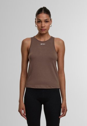 Brown sleeveless top with a round neckline and logo detail. Made of soft, stretchy fabric, fitted design, suitable for casual wear or exercise.