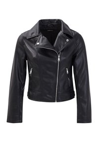 Veste de motard en cuir noir avec un col structuré, une fermeture éclair asymétrique, deux poches zippées et une coupe ajustée. Texture lisse sur l'ensemble.