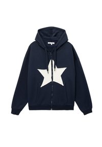 Sudadera con cremallera color azul marino con un gran gráfico en forma de estrella blanca en la parte delantera. Presenta una capucha con cordón y bolsillos frontales. Fabricada con tela suave.