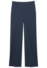 Pantalon habillé bleu marine avec fines rayures blanches verticales, passants de ceinture et coupe droite.