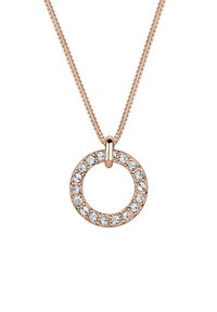 Rosegouden ketting met een cirkelvormige hanger bezet met heldere kristallen, gehangen aan een fijn kettinkje.