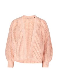 Roze gebreide cardigan met een losse pasvorm, brede mouwen en een diepe V-hals. Voorzien van een textured patroon en geribbelde manchetten en zoom.