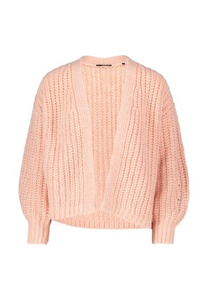 Roze gebreide cardigan met een losse pasvorm, brede mouwen en een diepe V-hals. Voorzien van een textured patroon en geribbelde manchetten en zoom.