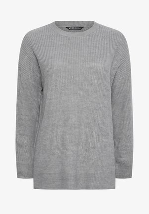Gray knitted sweater featuring a round neck, long sleeves, and a relaxed fit with a textured pattern throughout the fabric.