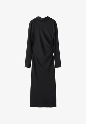 Black long-sleeve dress with a crew neckline, featuring a ruched detail on one side. Made from smooth, stretch fabric, falls to mid-calf length.