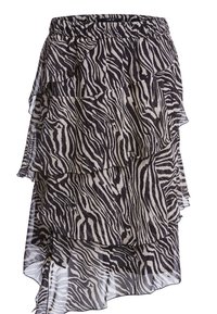Zebra-mønstret, lagdelt nederdel med en sort og beige farveskala, lavet af letvægtsstof, med volanterede lag og en elastisk talje.