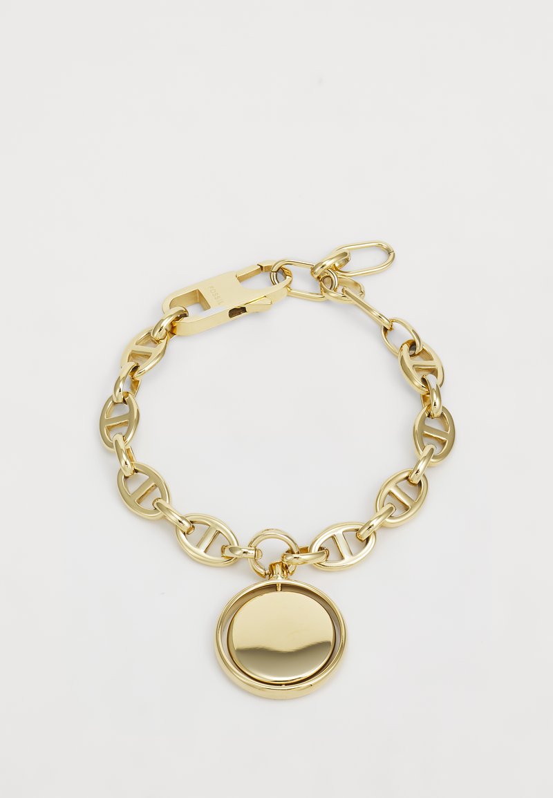 Pulsera de cadena de oro con eslabones ovalados y un colgante circular. El cierre es un mecanismo de clip para un ajuste seguro.