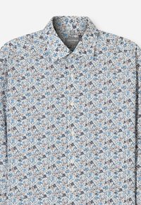 Blumenmuster-Hemd in Weiß mit blauen und braunen Mustern. Mit Kragen und Knopfverschluss, aus leichtem Stoff.