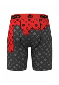 Boxer-briefs rouges et noirs avec un design à motifs et des logos. Ceinture élastique et texture lisse ; corps principal en deux sections de couleur.