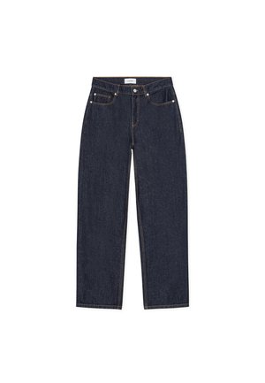 Tumesinised sirgelõikelised teksapüksid kõrge vöökohaga, ees taskud ja kontrastsed õmblused. Memaks trikotaaži jälgi.