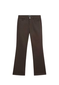Hnědé rozšířené kalhoty z měkkého, elastického materiálu. Mají přední kapsy, poutka na pásek a zapínání na knoflík v pase.