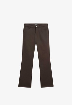 Brown flared pants made of a soft, stretchable material. Features front pockets, belt loops, and a button closure at the waist.