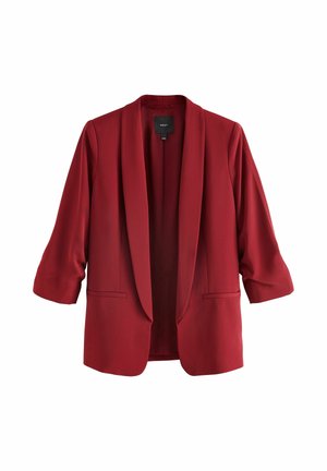 Red blazer made of smooth fabric, featuring a open front, three-quarter sleeves, two front pockets, and a tailored cut.