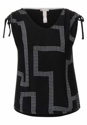 Czarna bluzka bez rękawów z białymi geometrycznymi liniami i troczkami na szwach ramion.