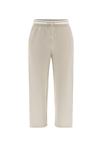 Beige Jogginghose aus weichem Material, mit elastischem Bund und Kordelzug, seitlichen Taschen und geradem Beinabschluss.
