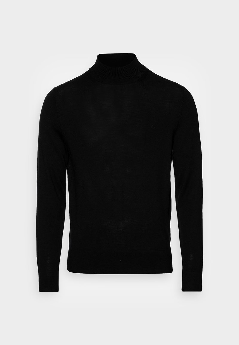 Maglione di lana nera a collo alto realizzato in un tessuto morbido a maglia, con maniche lunghe e una silhouette aderente. Design minimalista senza motivi visibili.