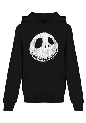 Schwarzer Kapuzenpullover mit großem weißem, verwittertem Totenkopf auf der Vorderseite, der hohle Augen und ein angenähtes Lächeln zeigt.