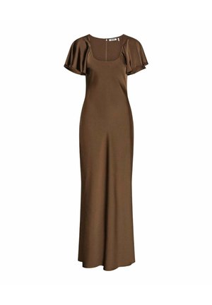Robe midi en satin marron avec manches courtes volantées et décolleté rond, avec une coupe slim et fluide.