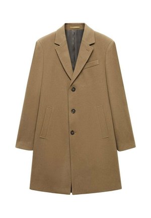 Manteau en laine marron au fit ajusté, avec des revers contrastés, deux poches avant, cinq boutons noirs et une doublure intérieure.