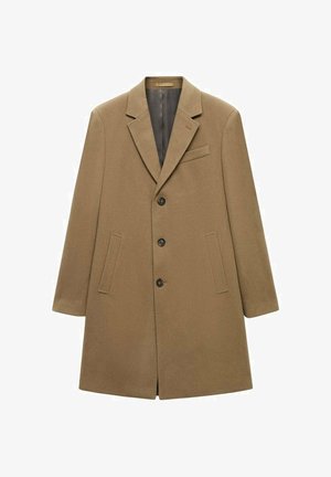 Brauner Wollmantel mit taillierter Passform, Reverskragen, zwei Fronttaschen, fünf schwarzen Knöpfen und gefüttertem Innenraum.
