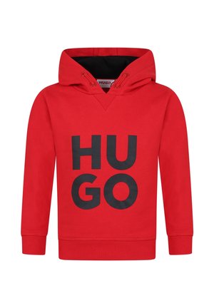 Rotes Kapuzensweatshirt mit schwarzem "HUGO" Schriftzug auf der Vorderseite, gerippten Bündchen und Saum sowie Kordelzügen am Rand der Kapuze.