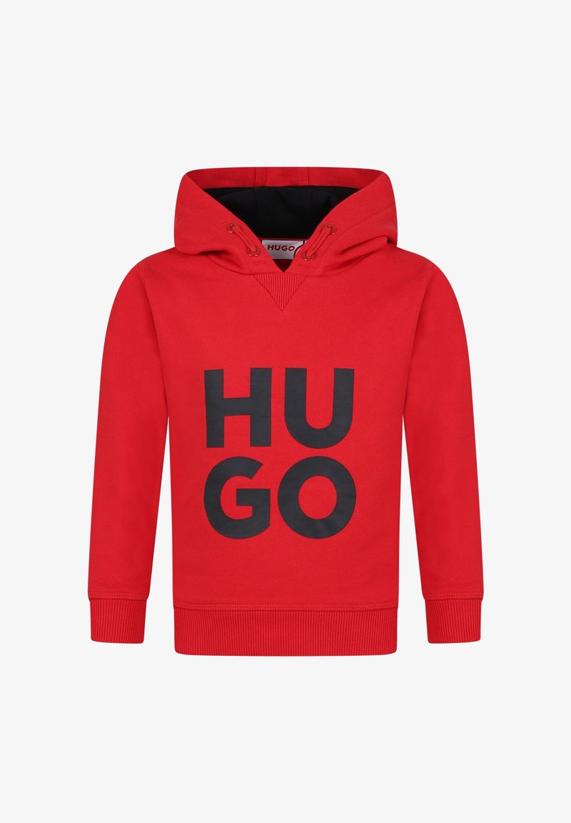 Sweat à capuche rouge avec texte noir "HUGO" sur le devant, poignets et ourlet côtelés, et cordons au bord de la capuche.