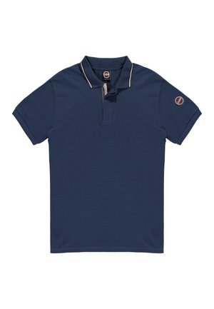 Polo in blu navy realizzato in misto cotone, con colletto rigato, maniche corte e un logo circolare sulla manica sinistra.