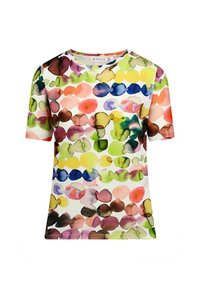 Short-sleeve T-shirt featuring a colorful watercolor dot pattern on a white background. Round neckline, soft fabric, and relaxed fit.