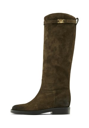 Bottes hautes en suède brun avec un bout arrondi, une semelle plate et un accent en métal doré fin sur le dessus, présentant une texture douce et un design élégant.