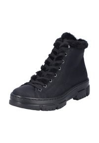 Bottes montantes noires avec un extérieur en cuir, un revers en fourrure et une semelle en caoutchouc texturé, dotées d'un laçage à l'avant et d'œillets en métal.