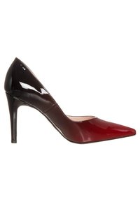 Kvindernes glinsende to-farvede spidse hælhøj sko i mørkebrun og rød med stiletto-hæl.