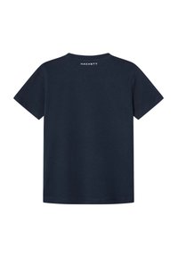 Námornícky modré tričko vyrobené z bavlny, s krátkymi rukávmi, okrúhlym výstrihom a logom "HACKETT" vytlačeným na chrbte pri golieri.