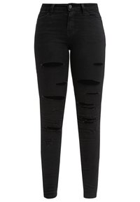 Jean skinny noir avec plusieurs déchirures horizontales sur les cuisses et les genoux avant, fermeture à bouton et zip, et design à cinq poches.