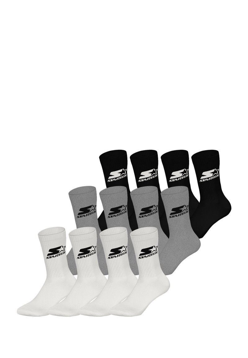Zestaw skarpetek w kolorach czarnym, białym i szarym. Każda skarpetka ma prążkowaną fakturę i logo w kontrastującym kolorze z przodu.