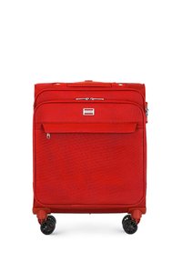 Roter Reisekoffer mit strukturierten Oberflächen, vorderer Reißverschluss-Tasche, praktischem Tragegriff oben und vier schwarzen Rollen für die Mobilität. Kompaktes Design.