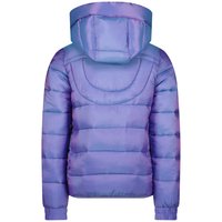 Pufasta jakna u gradijentnoj ljubičastoj tkanini, s kapuljačom, quilted dizajnom i elastičnim manžetama. Mekana vanjština s glatkom, sjajnom teksturom.
