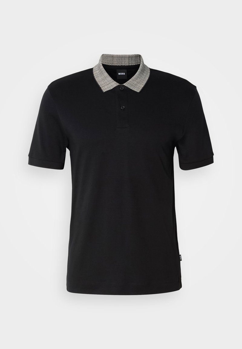 Schwarzes Poloshirt mit einem strukturierten grauen Kragen, zwei-Knopf-Leiste und kurzen Ärmeln. Aus glattem Stoff mit dezentem Markenlogo.