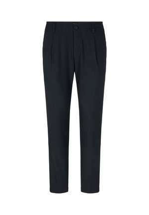 Pantaloni tailored grigi scuri con una trama testurizzata, dotati di chiusura con bottone, pieghe e gambe strette. Tessuto liscio con una leggera lucentezza.