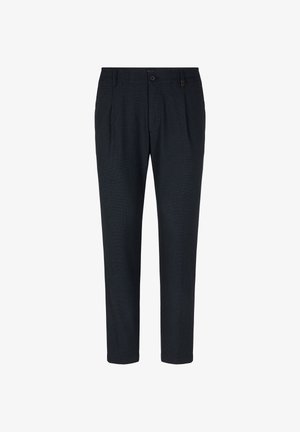 Pantaloni tailored grigi scuri con una trama testurizzata, dotati di chiusura con bottone, pieghe e gambe strette. Tessuto liscio con una leggera lucentezza.