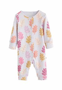 Mångfärgad babydräkt med bladmönster i rosa, gult och orange på en ljusgrå bakgrund, med ribbat mönster och tryckknappar.