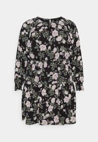 Schwarzes Blumenkleid mit langen Ärmeln, runder Ausschnitt und einem gestuften Design mit rosa und grünen Blumenmustern. Weicher Stoff.