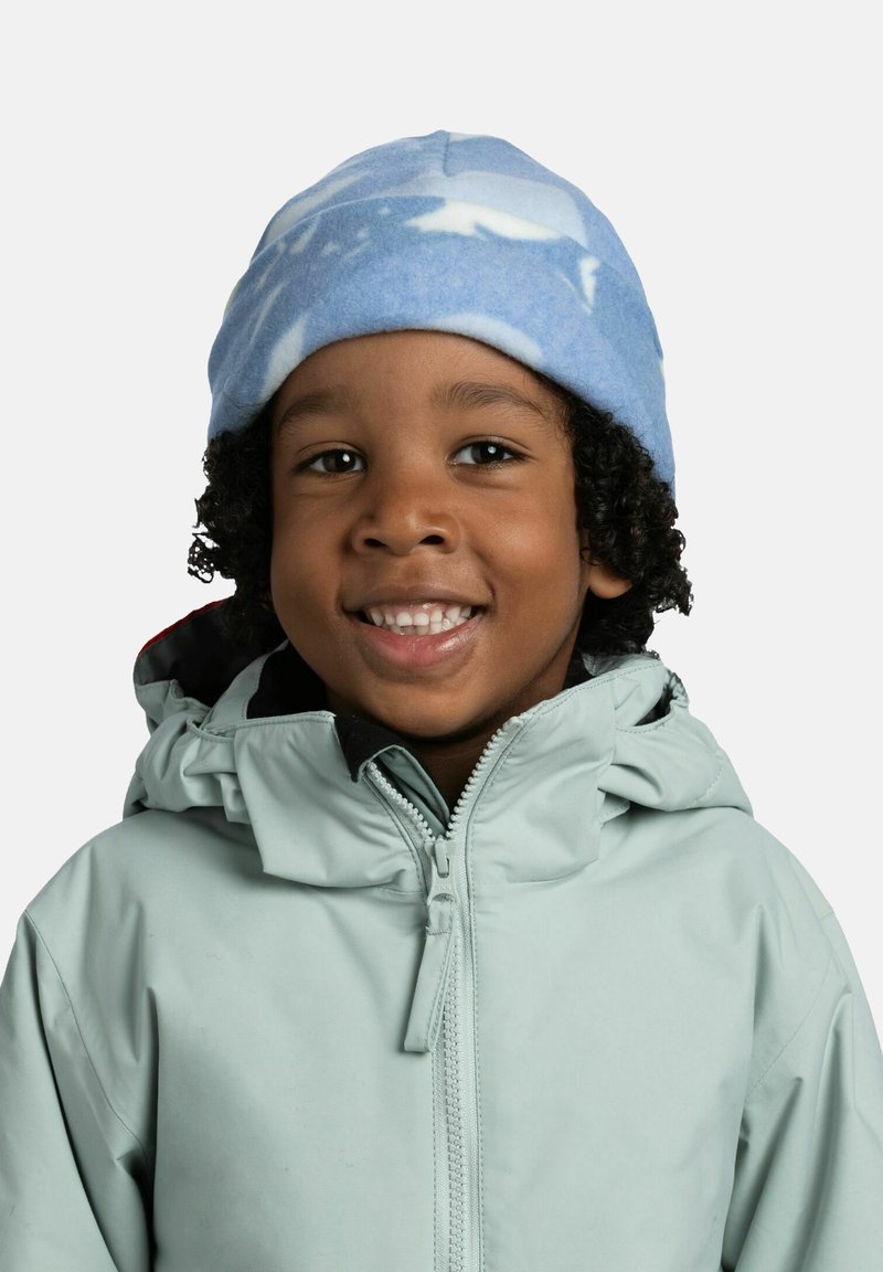 Light blue fleece beanie with cloud pattern. Child wearing a mint green zip-up jacket with hood, featuring a black accent on the collar.