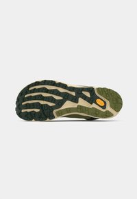 Green and beige hiking shoe sole featuring a textured rubber for grip, intricate tread patterns, and a Vibram logo on the side.