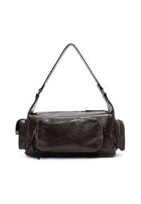 Borsa in pelle marrone scuro dalla forma rettangolare, con una tasca frontale, una zip laterale e una sola tracolla. Texture liscia.