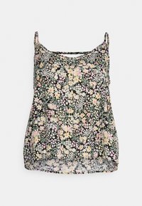 Camisola floral com alças finas; apresenta um fundo preto com flores em tons pastel. Tecido leve e arejado; ajuste solto com a bainha arredondada.