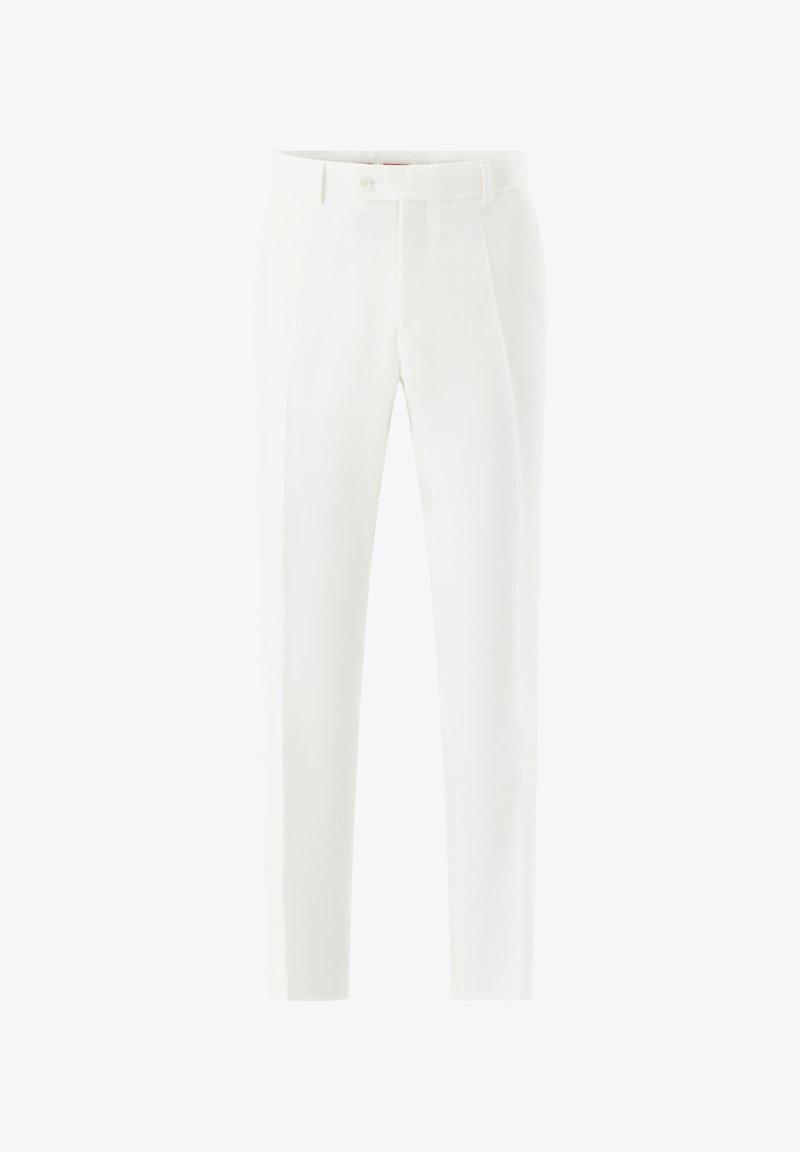 White tailored trousers featuring a smooth texture, straight cut, and a single front pleat. Completes with a simple button closure.