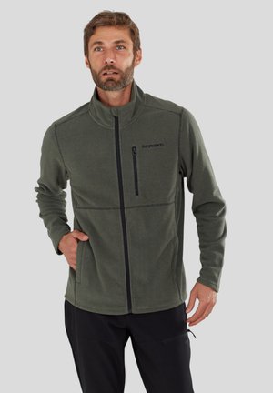Dark green fleece jacket with high collar, full zipper, and one zippered chest pocket. Features a smooth texture and contrasting stitching.