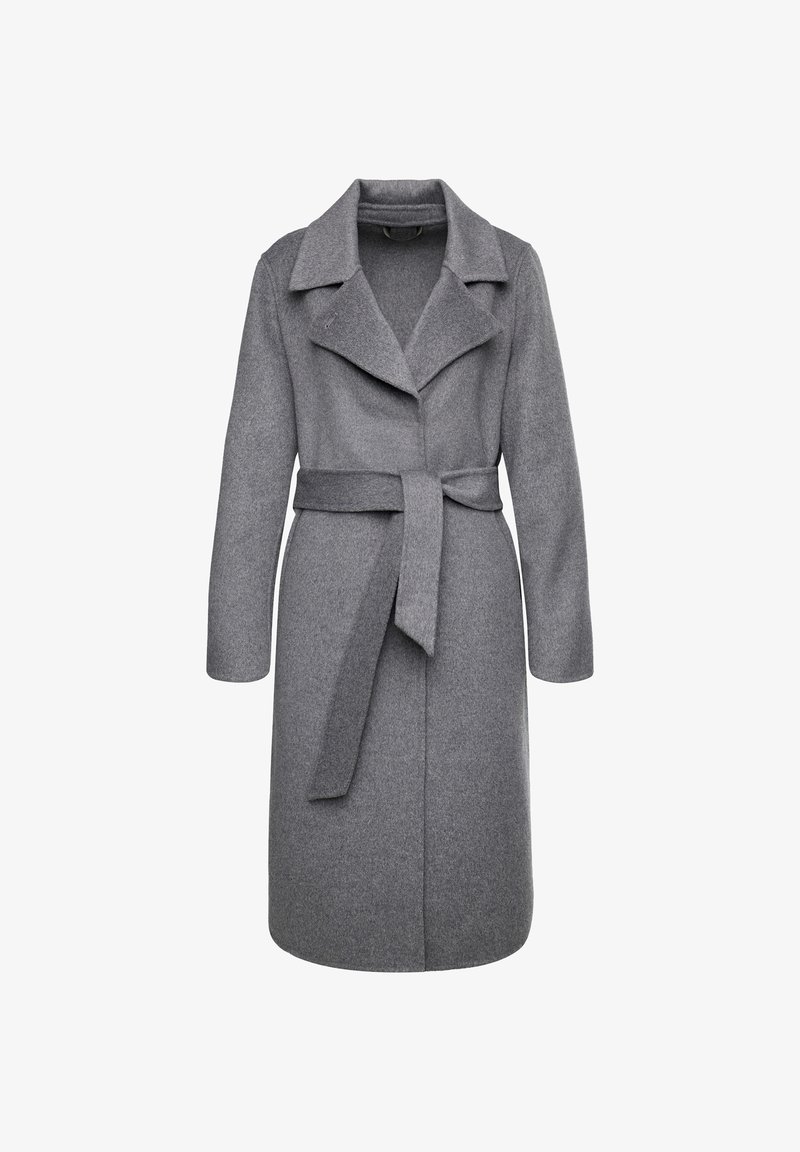 Grauer Wollmantel mit Reverskragen, langen Ärmeln und einem taillierten Gürtel. Hat einen geraden Schnitt und strukturierte Stoffe. Keine sichtbaren Beschläge.