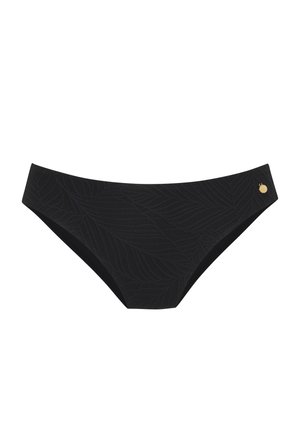 Schwarzer Bikini-Slip mit strukturiertem Blattmuster, mittelhohem Bund an den Seiten und einem kleinen goldenen Logo-Akzent nahe dem Taillenbund.
