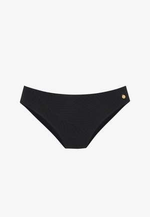 Schwarzer Bikini-Slip mit strukturiertem Blattmuster, mittelhohem Bund an den Seiten und einem kleinen goldenen Logo-Akzent nahe dem Taillenbund.
